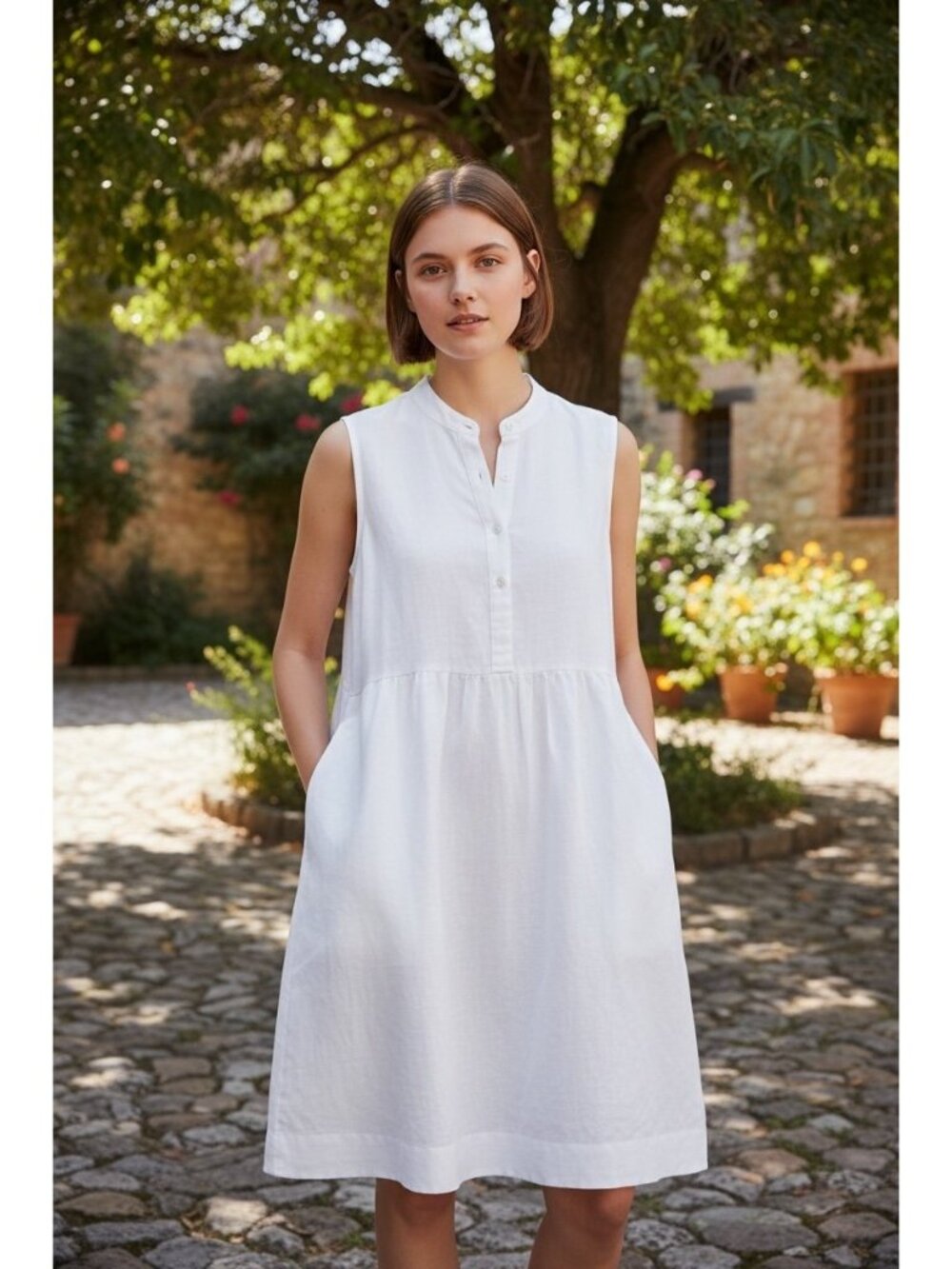 J. Jill White Linen Dress w/ Knot Buttons Side Pockets S Petite Sleeveless